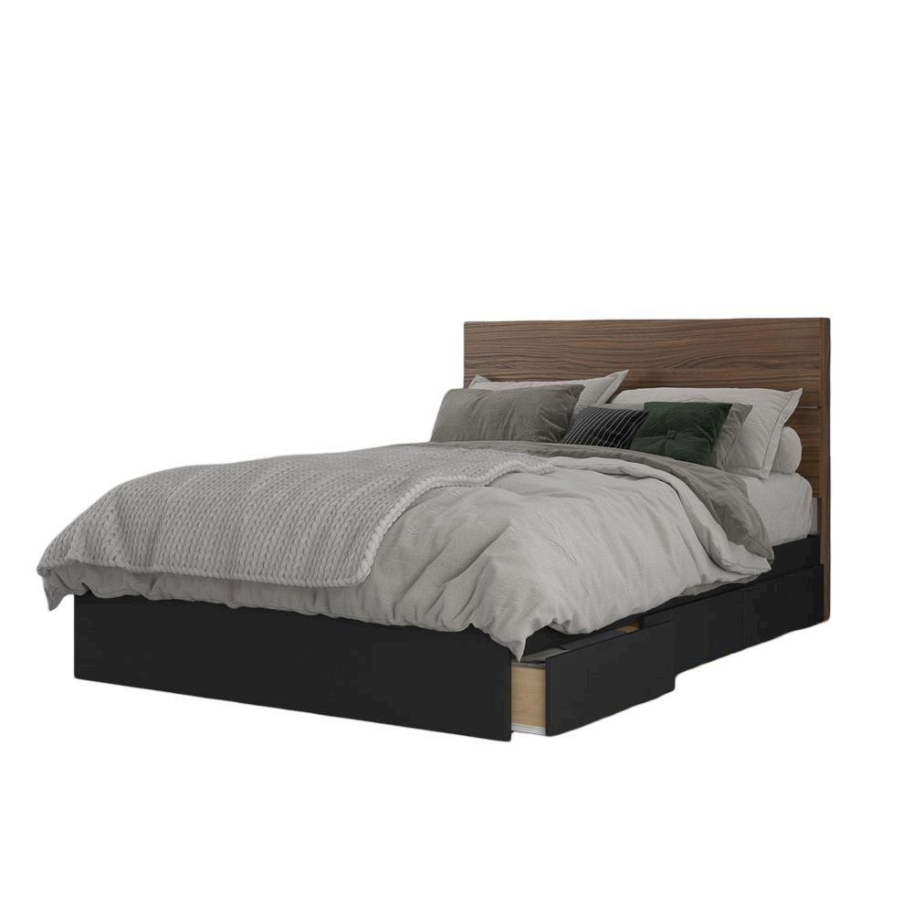 2-Piece Bedset With Bed Frame And Headboard, Full|Walnut & Black. Picture 1
