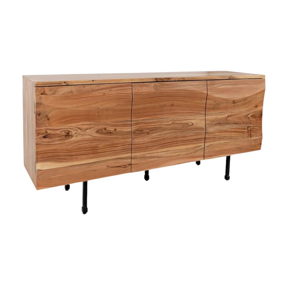 Brown Acacia Three-Door Accent Cabinet with Metal Base for Living Room Storage. Picture 1