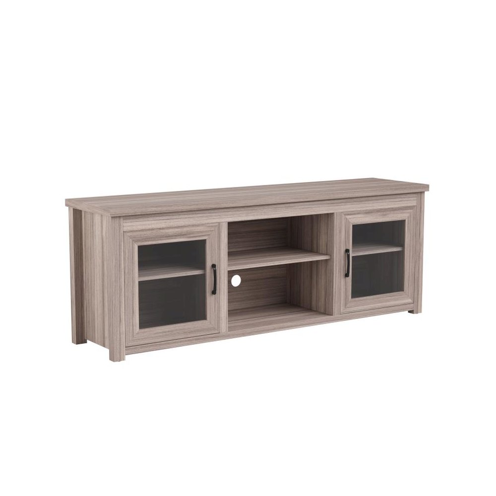 Classic TV Stand up to 80" TVs - Gray Wash Oak Finish with Full Glass Doors  - 65" Engineered Wood Frame - 3 Shelves. Picture 1