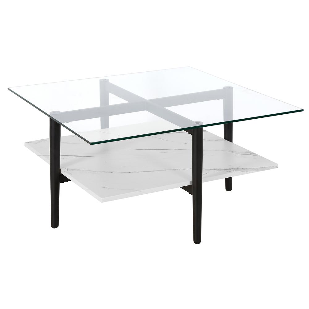 Otto 32" Wide Square Coffee Table with Faux Marble Shelf in Blackened Bronze. Picture 1