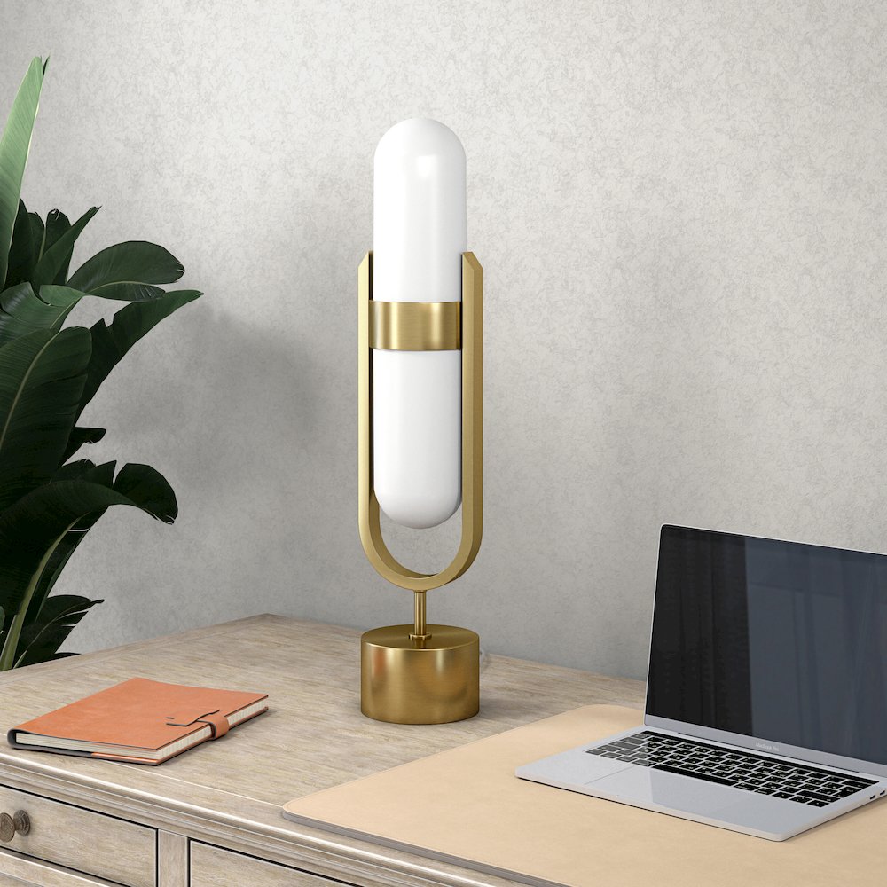 Blair Pill-Shaped Table Lamp with Milk Glass Shade in Brass/White. Picture 3