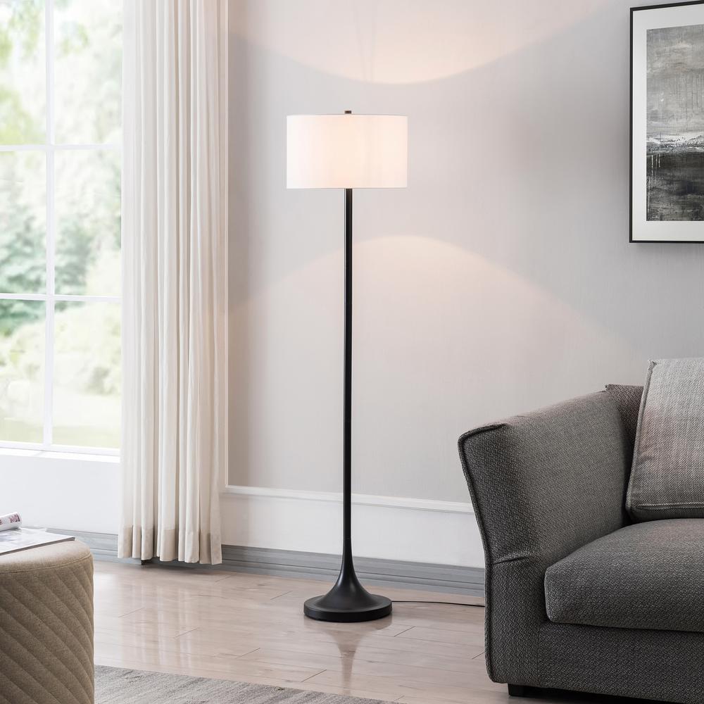 Josephine 62" Tall Floor Lamp with Fabric Shade in Blackened Bronze/White. Picture 2