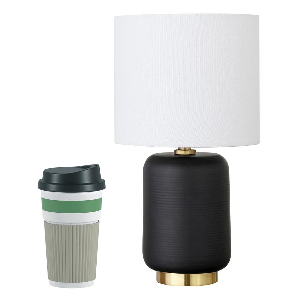 Lambert 15" Tall Ceramic Mini Lamp with Fabric Shade in Matte Black/White. Picture 3