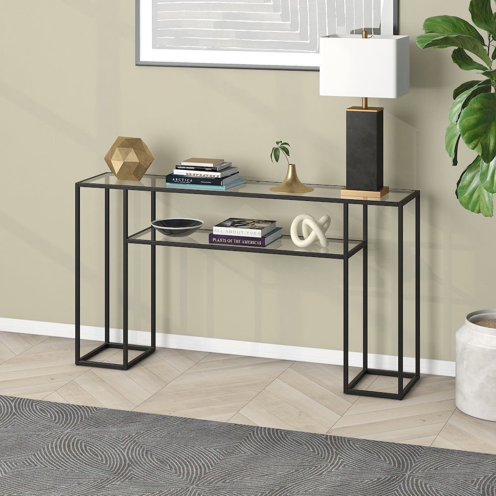 55'' Glass Rectangular Console Table Entryway, Sofa Table with Shelf, Black. Picture 5