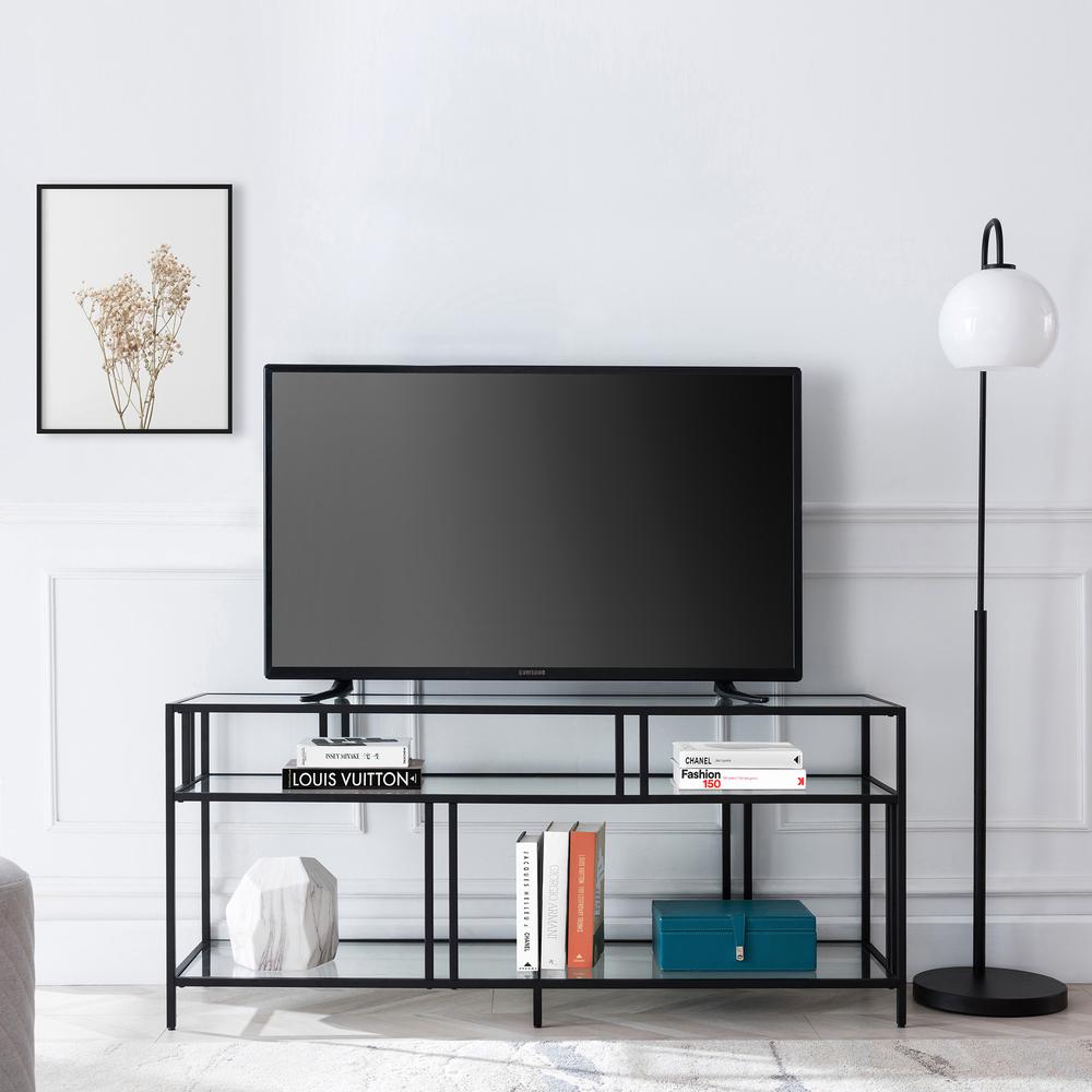 Cortland Rectangular TV Stand with Glass Shelves for TV's up to 60" in Blackened Bronze. Picture 4