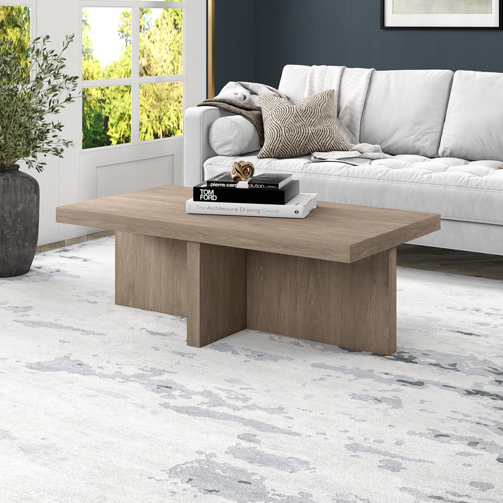 Elna 44" Wide Rectangular Coffee Table in Antiqued Gray Oak. Picture 2