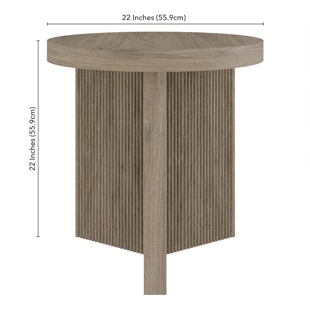 Holm 22" Wide Round Side Table in Antiqued Gray Oak. Picture 5
