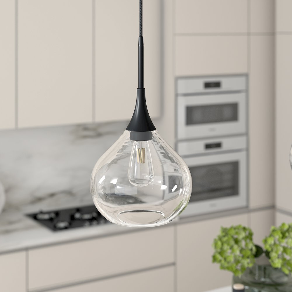 9" Mid-Century Pendant Light Fixture with Glass Shade and 8' Cord, Flat Black. Picture 2