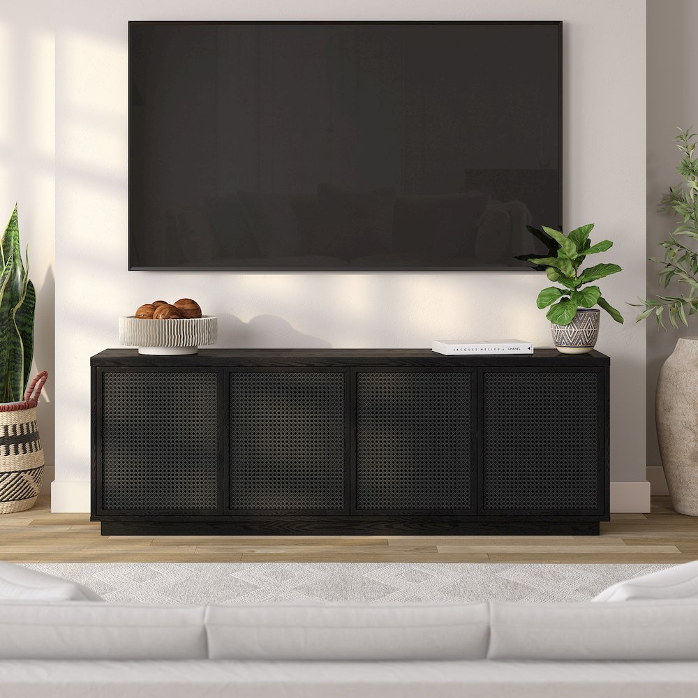 Pryce Rectangular TV Stand for TV's up to 78" in Black Grain/Black Rattan. Picture 3