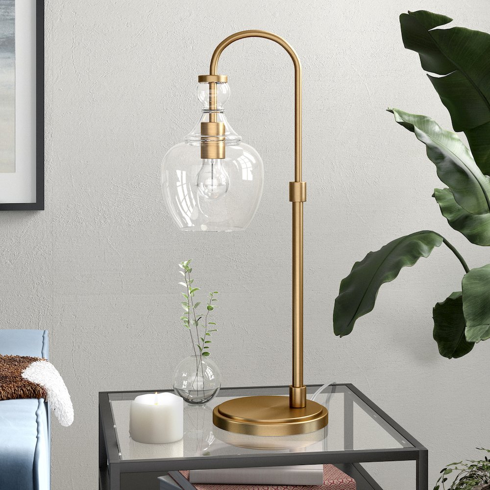 27" Mid-Century 1-Light Table Lamp with Clear Glass Dome Shade, Brushed Gold. Picture 2
