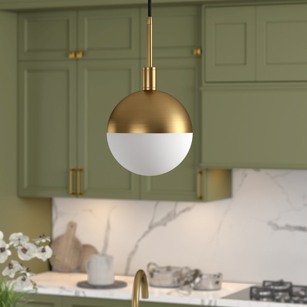 8" Pendant Light Fixture with White Milk Glass Globe Shade and 8' Cord, Gold. Picture 2