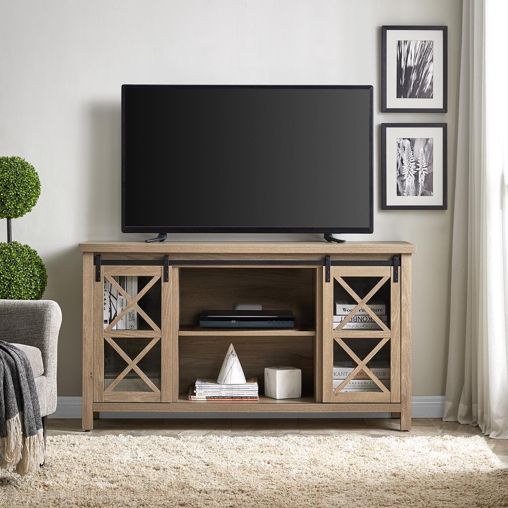 Clementine Rectangular TV Stand for TV's up to 65" in Antiqued Gray Oak. Picture 4