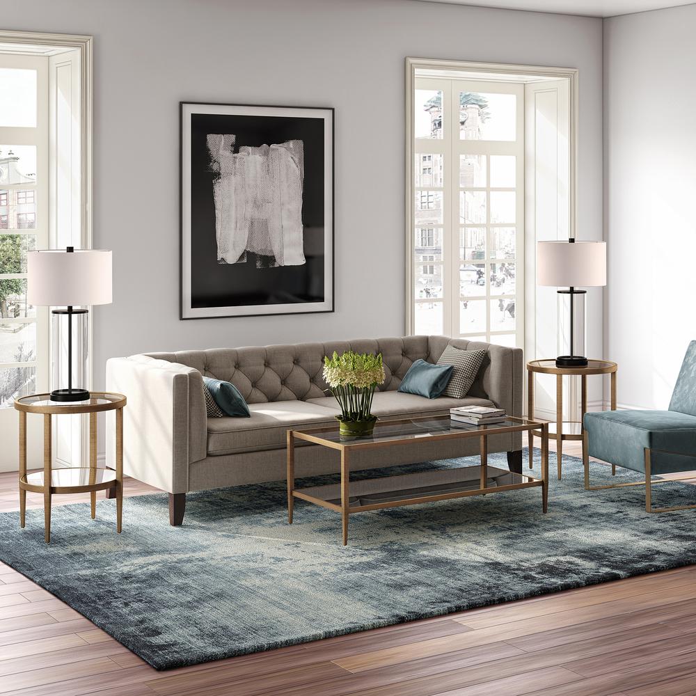 Hera 45'' Wide Rectangular Coffee Table with Glass Shelf in Brass. Picture 4