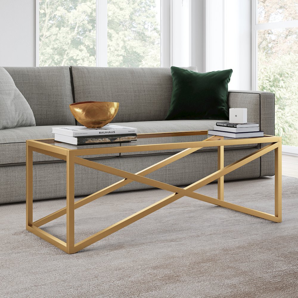 46" Rectangular Coffee Table with Glass Top, Gold. Picture 2