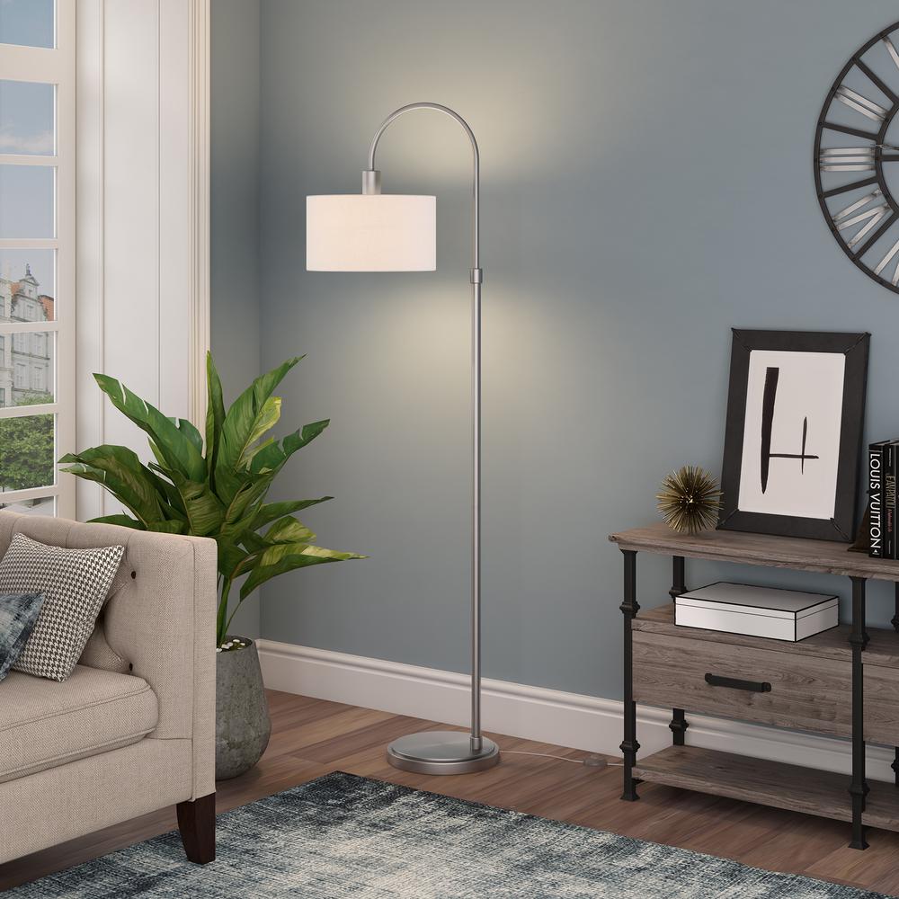 Veronica 70" Tall Arc Floor Lamp with Fabric Shade in Brushed Nickel/White. Picture 4