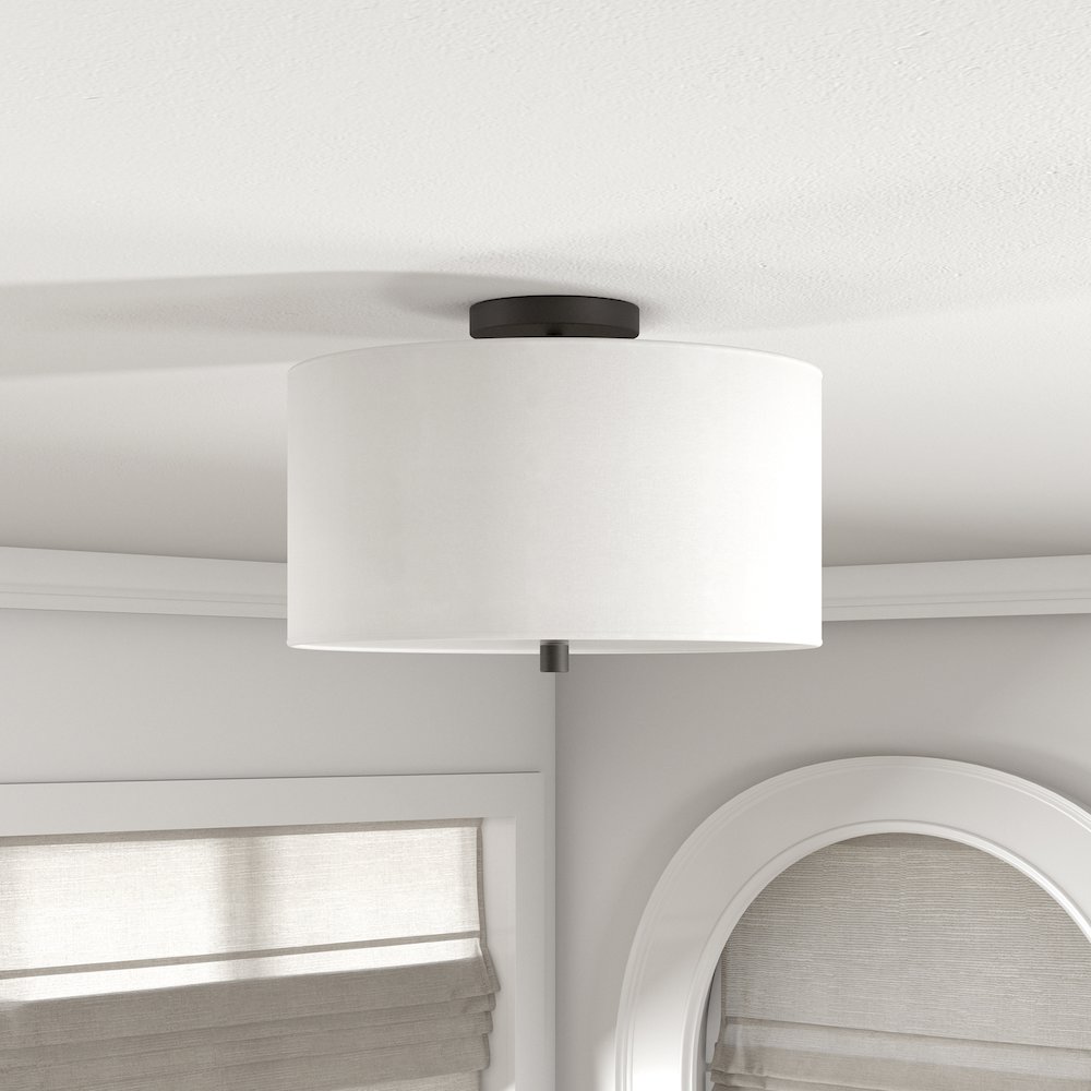 16" 1-Light Flush Mount Ceiling Light Fixture with White Shade, Flat Black. Picture 2