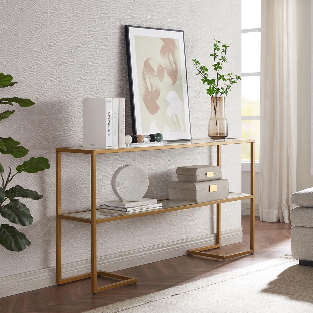 Errol 55'' Wide Rectangular Console Table with Glass Top in Gold. Picture 2