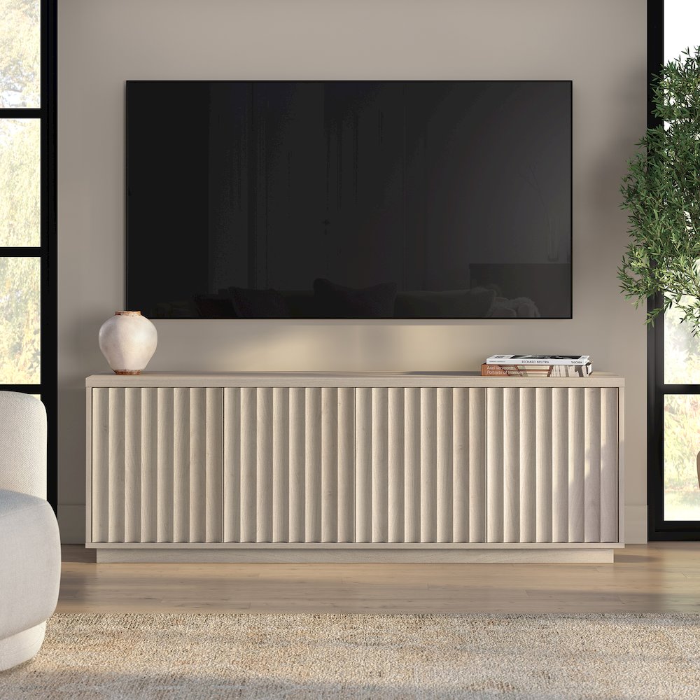 Bourne Rectangular Fluted TV Stand for TV's up to 75" in Alder White. Picture 3