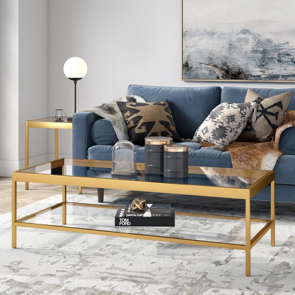 Alexis 54'' Wide Rectangular Coffee Table in Brass. Picture 2