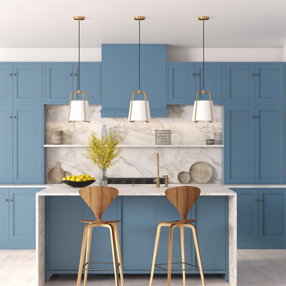 Marduk 11" Wide Pendant with Fabric Shade in Brass/White. Picture 3