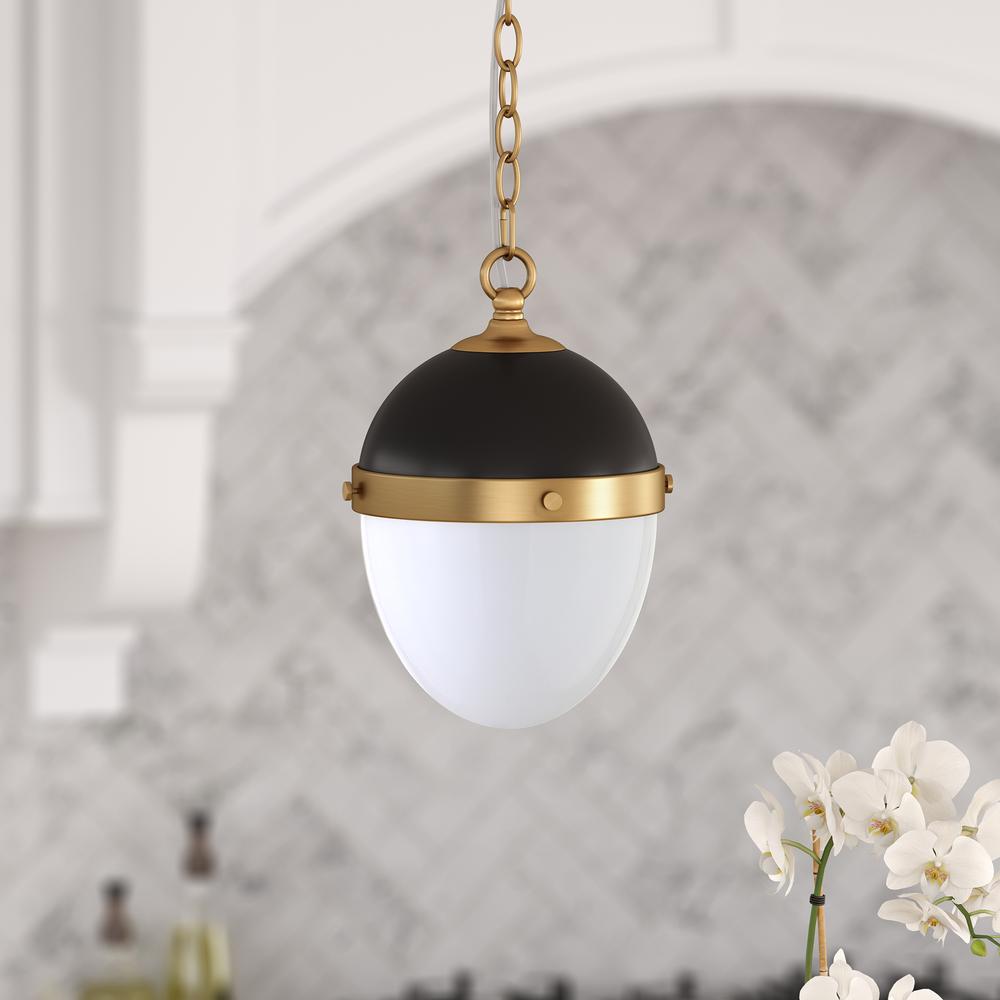 Aurelia 8" Wide Pendant with Glass Shade in Blackened Bronze/Brass/White Milk. Picture 2