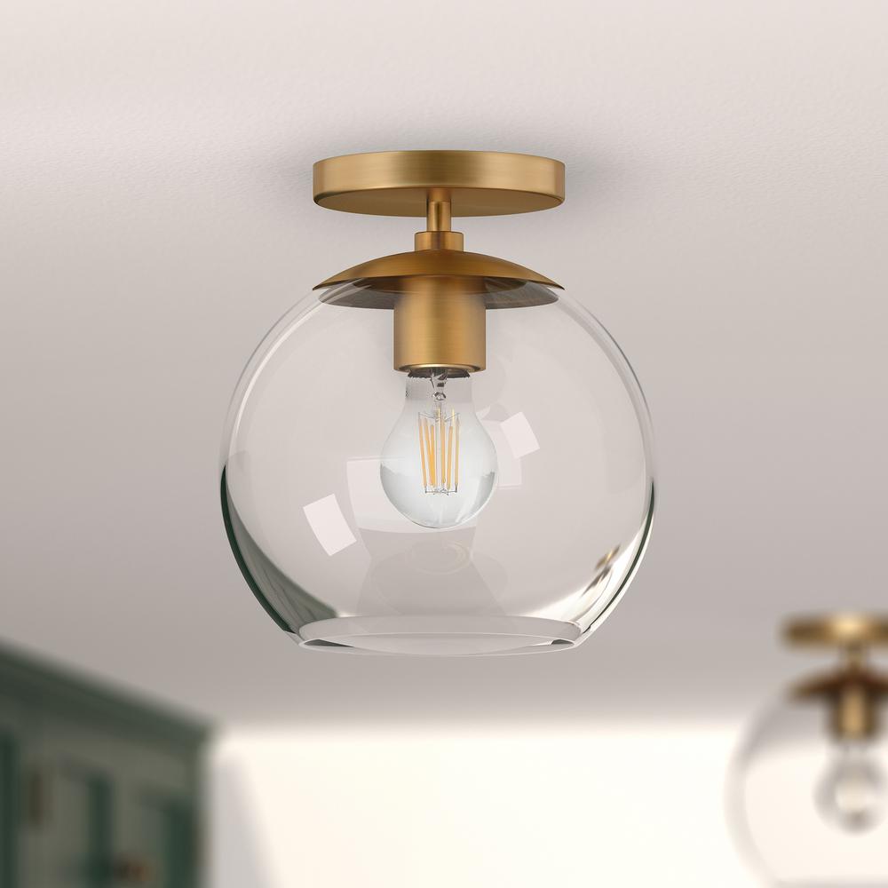 Bartlett 9" Wide Semi Flush Mount with Glass Shade in Brass/Clear. Picture 2