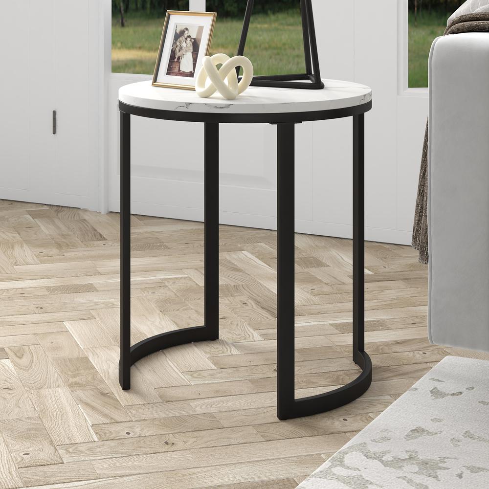 Mitera 20" Wide Round Side Table with Faux Marble Top in Blackened Bronze/Faux Marble. Picture 2