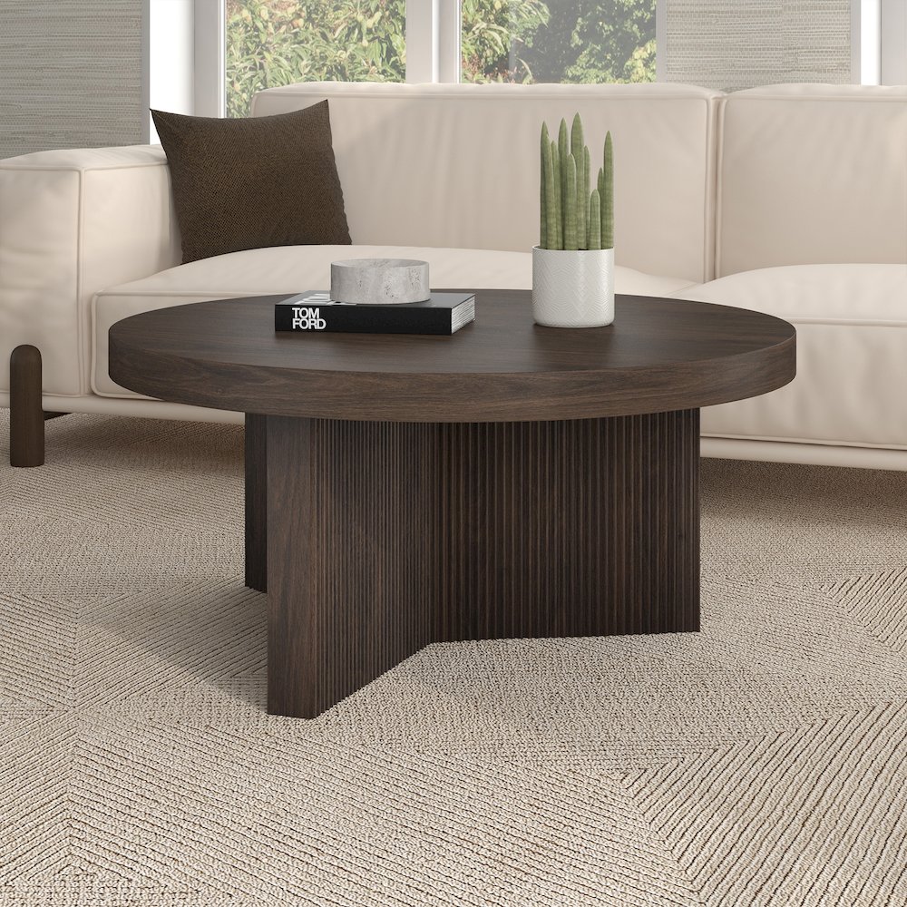 Holm 32" Wide Round Coffee Table in Alder Brown. Picture 4