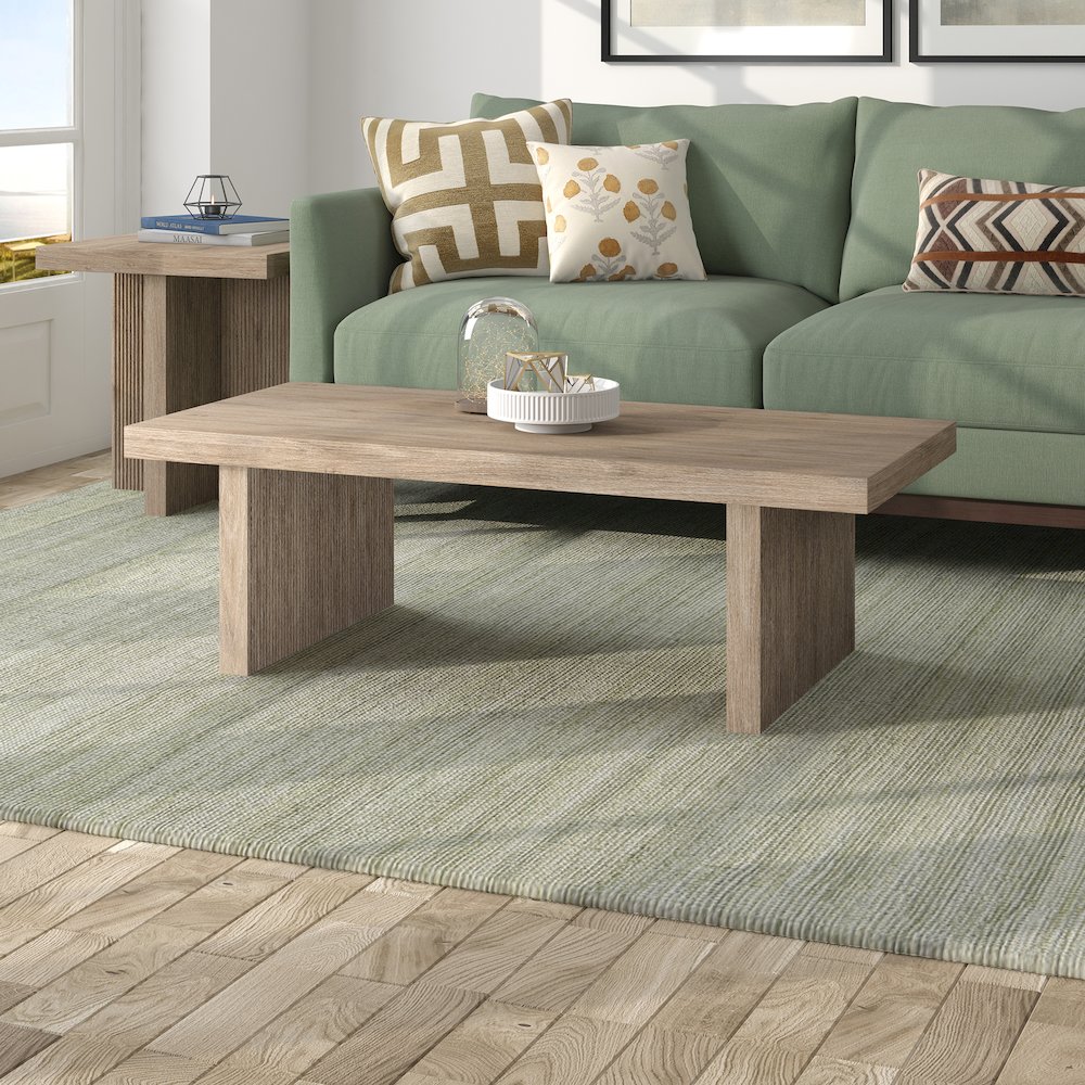 Soren 48" Wide Rectangular Coffee Table in Antiqued Gray Oak. Picture 3