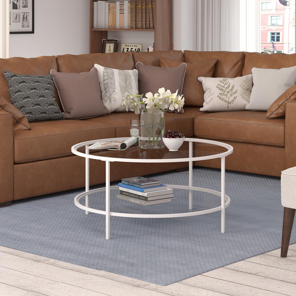 Sivil 36'' Wide Round Coffee Table with Glass Top in White. Picture 4