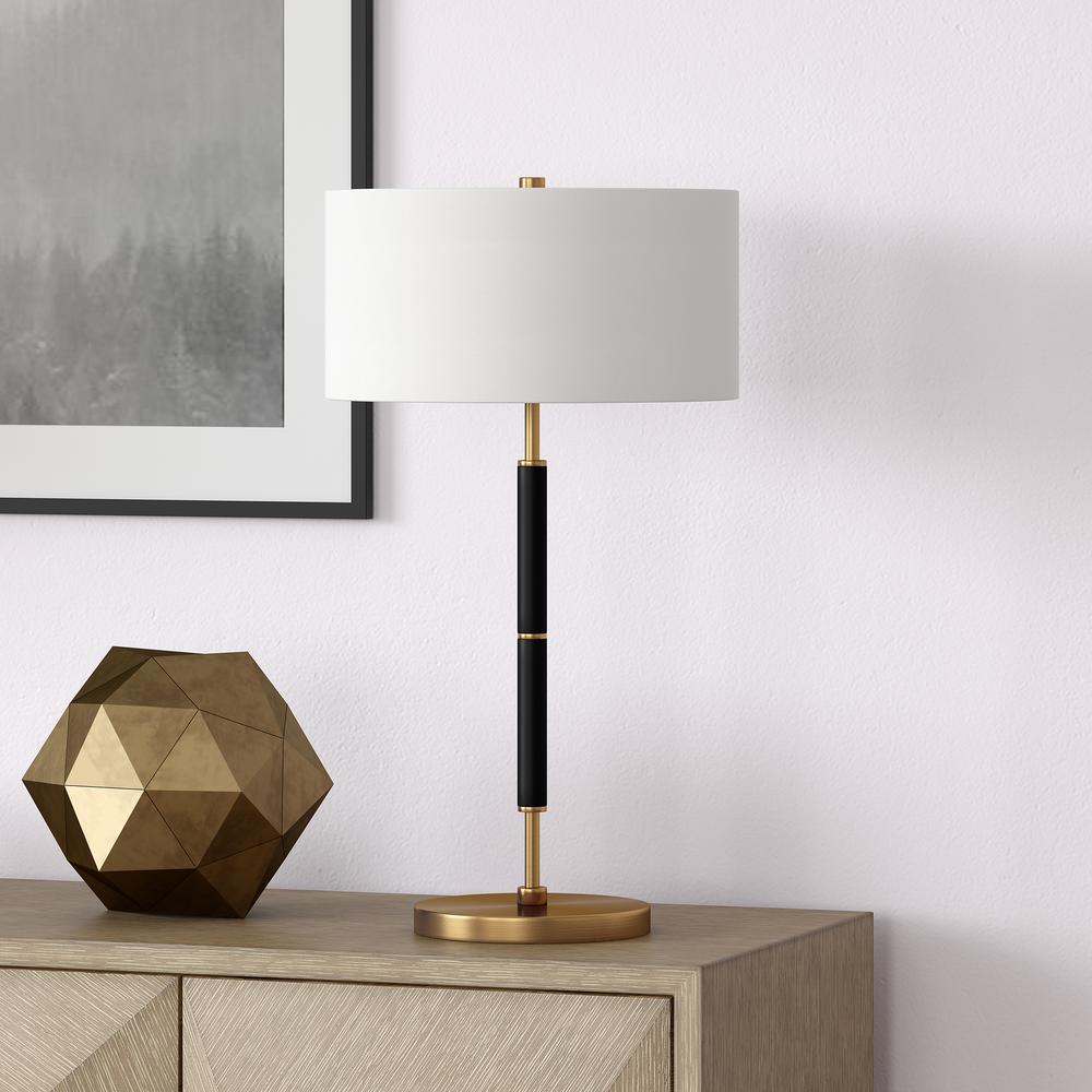 Simone 25" Tall 2-Light Table Lamp with Fabric Shade in Black/Brass/White. Picture 2