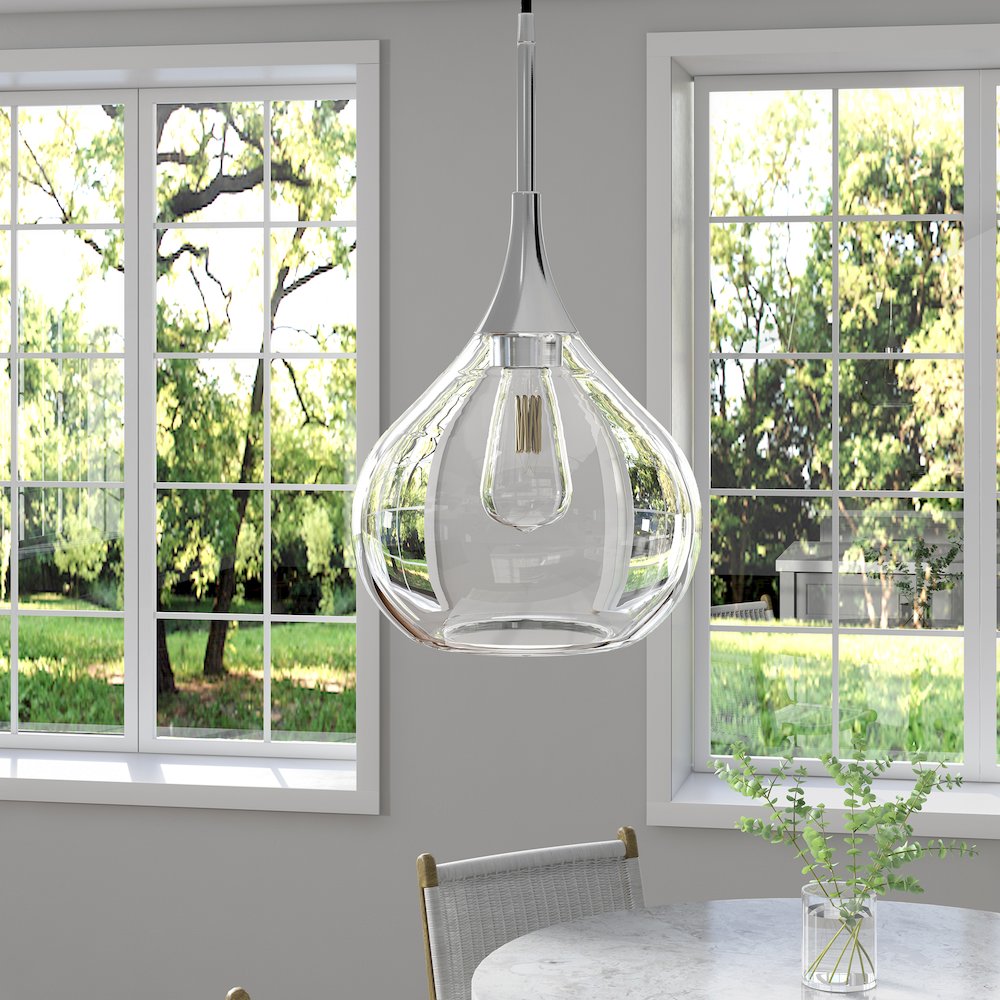 9" Mid-Century Light Fixture with Glass  Shade and 8' Cord, Polished Silver. Picture 2