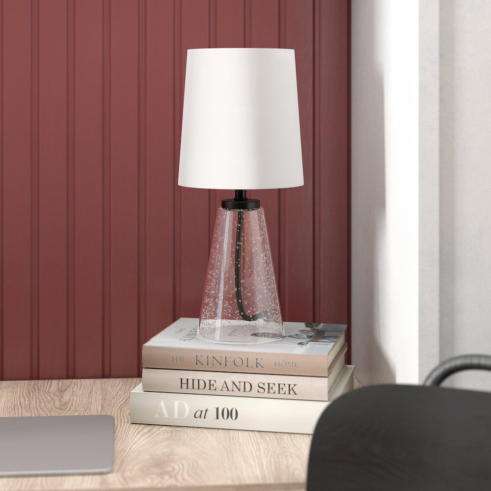 15" Traditional 1-Light Table Lamp with White Fabric Drum Shade, Bubble Glass. Picture 2