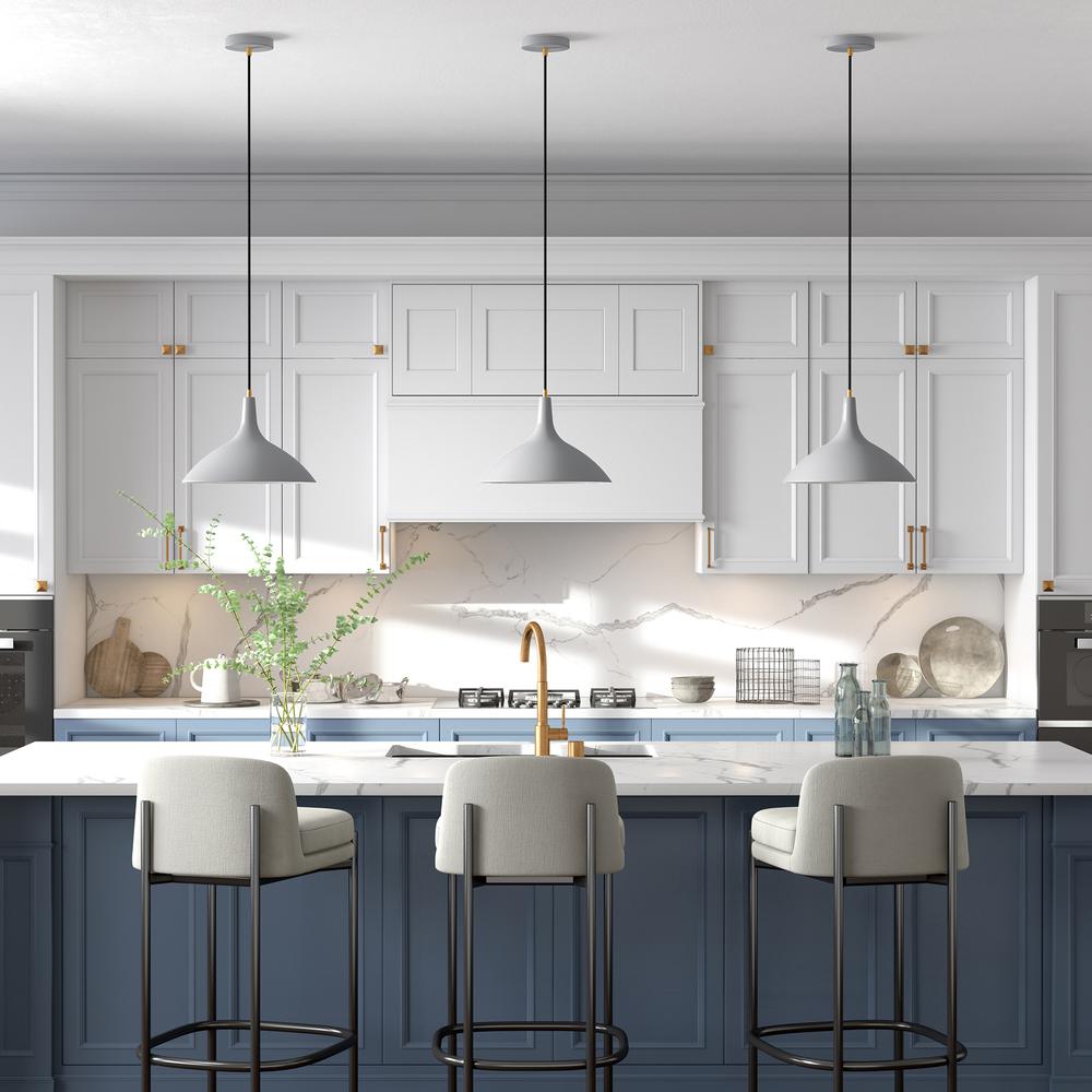 Barton 14" Wide Pendant with Metal Shade in Matte Gray/Brass/Matte Gray. Picture 4