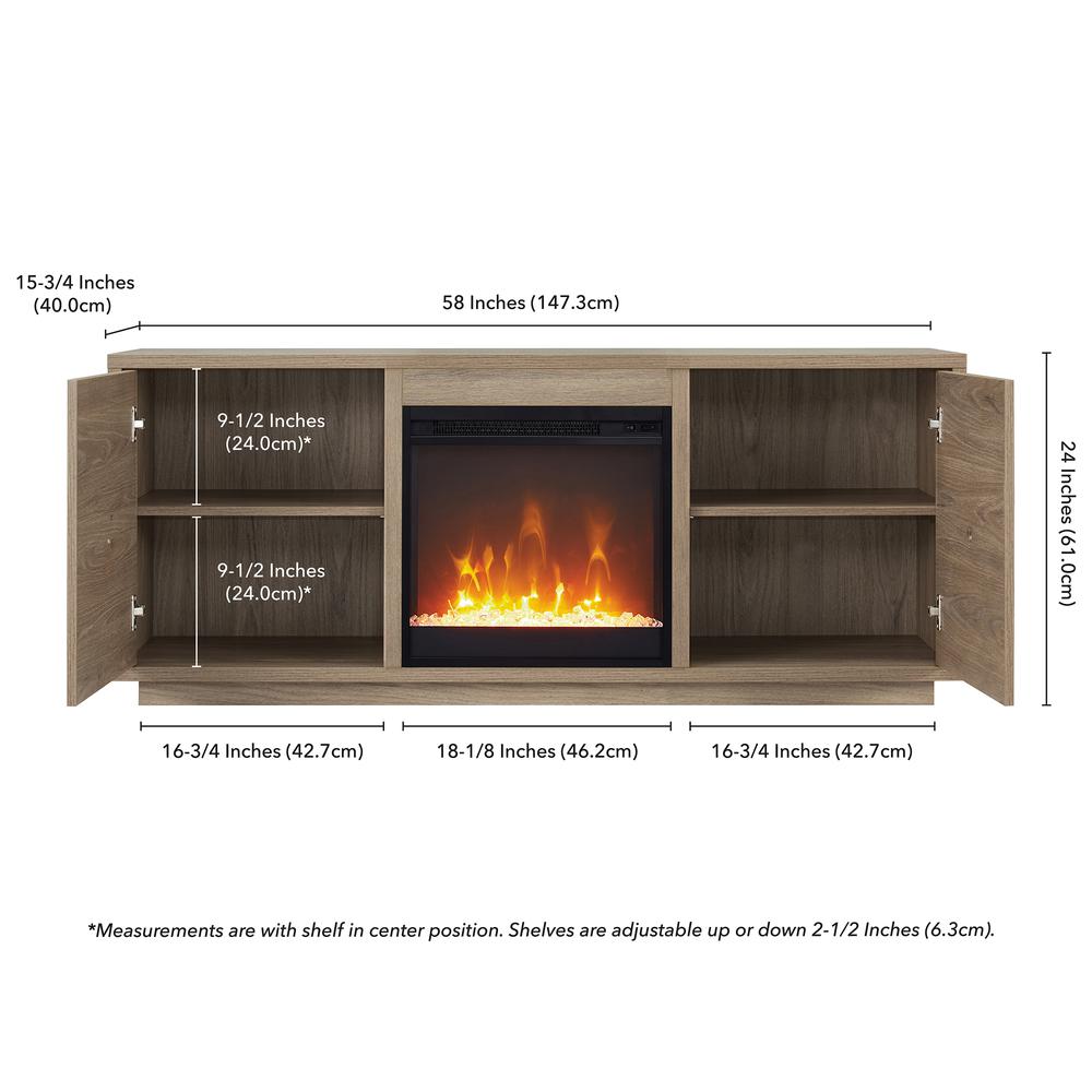 Juniper Rectangular TV Stand with Crystal Fireplace for TV's up to 65" in Antiqued Gray Oak. Picture 5