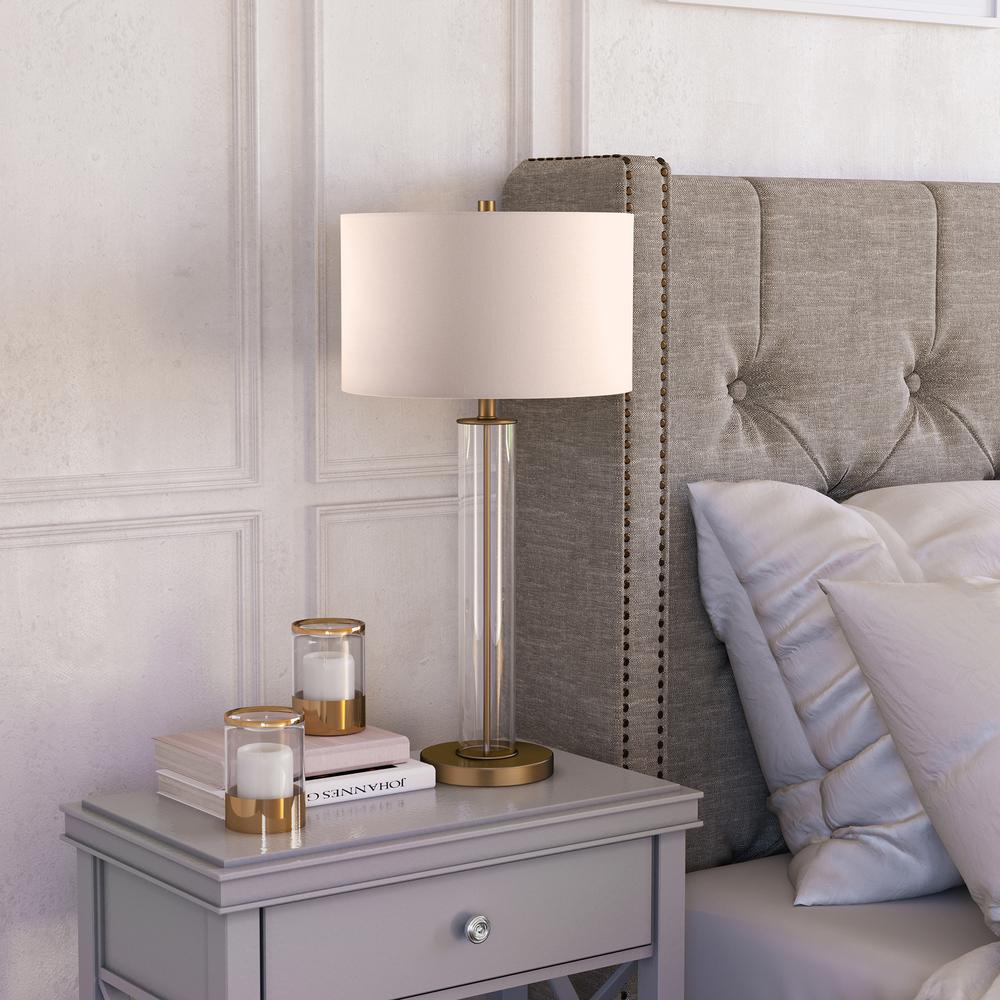 Harlow 29" Tall Table Lamp with Fabric Shade in Clear Glass/Brass/White. Picture 2