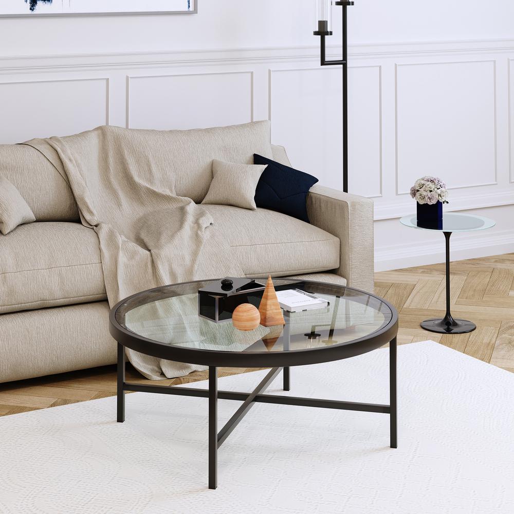 Xivil 36'' Wide Round Coffee Table with Glass Top in Blackened Bronze. Picture 2