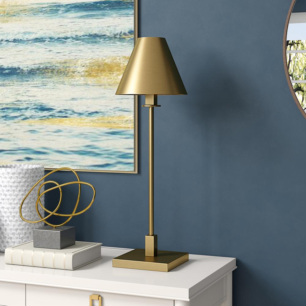 Clement 28" Tall Table Lamp with Metal Shade in Brass/Brass. Picture 2