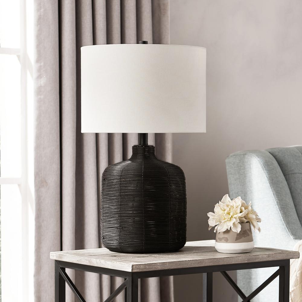 Jolina 20.5" Tall Petite/Rattan Table Lamp with Fabric Shade in Black Rattan/White. Picture 2