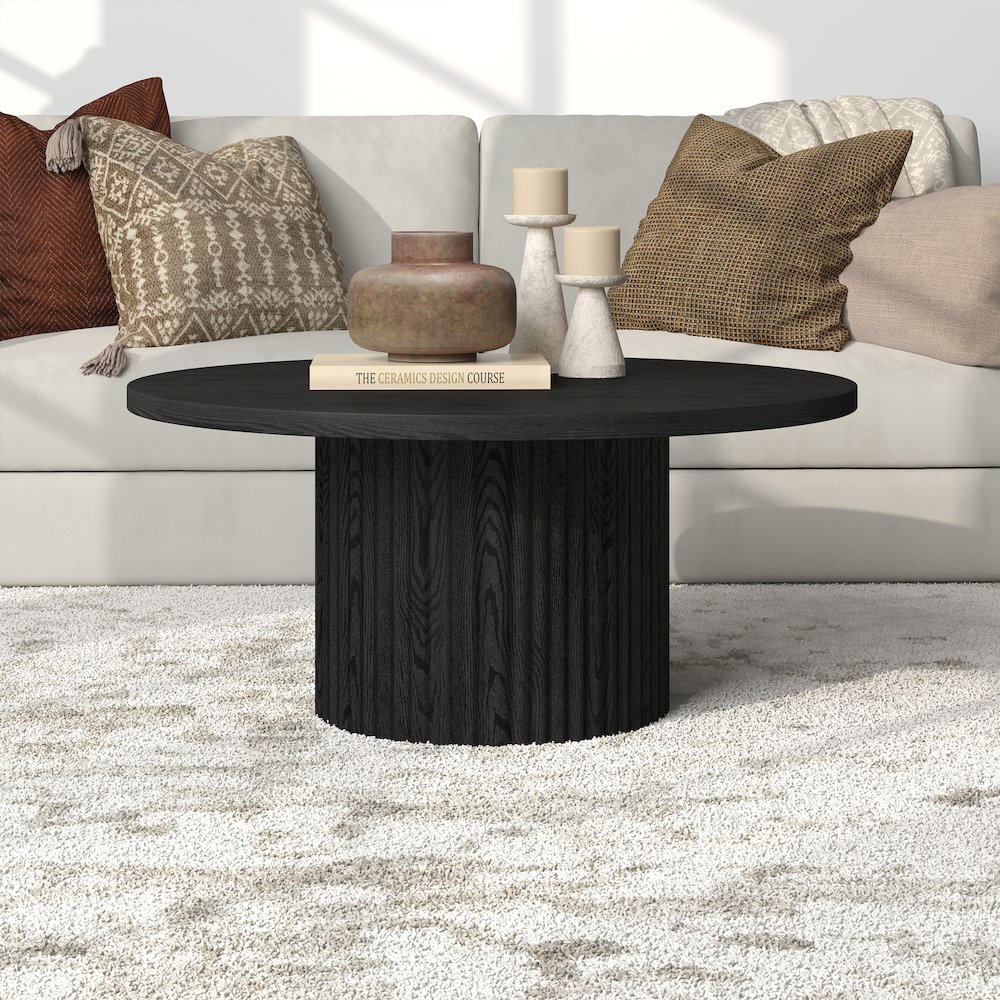 Rollan 32" Wide Round Coffee Table in Black Grain. Picture 4
