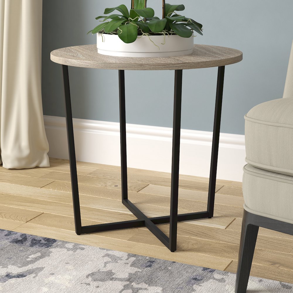 22'' Round End Table Modern Side Table, Night Stand, Black/Weathered Oak. Picture 2
