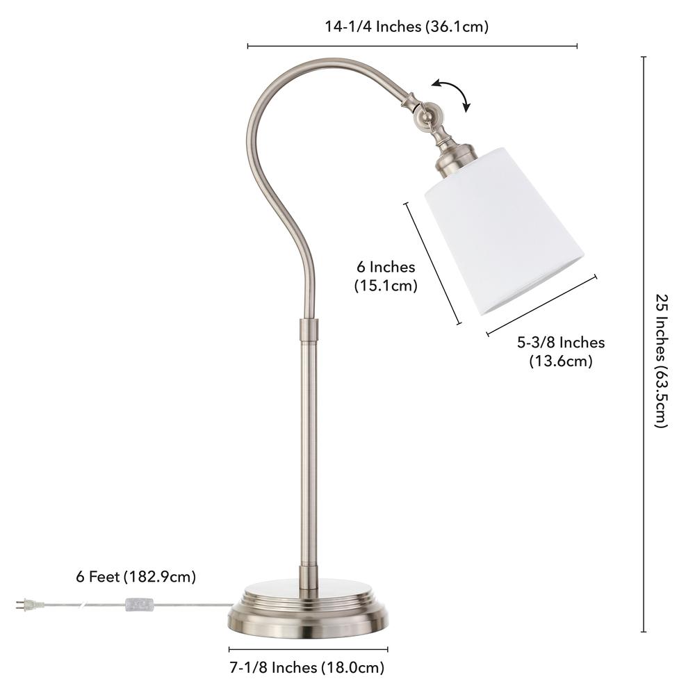 Harland 25" Tall Arc Table Lamp with Fabric Shade in Brushed Nickel/White. Picture 4