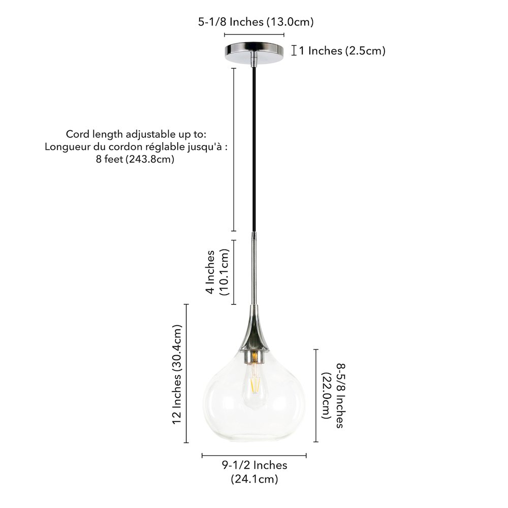 9" Mid-Century Light Fixture with Glass  Shade and 8' Cord, Polished Silver. Picture 7