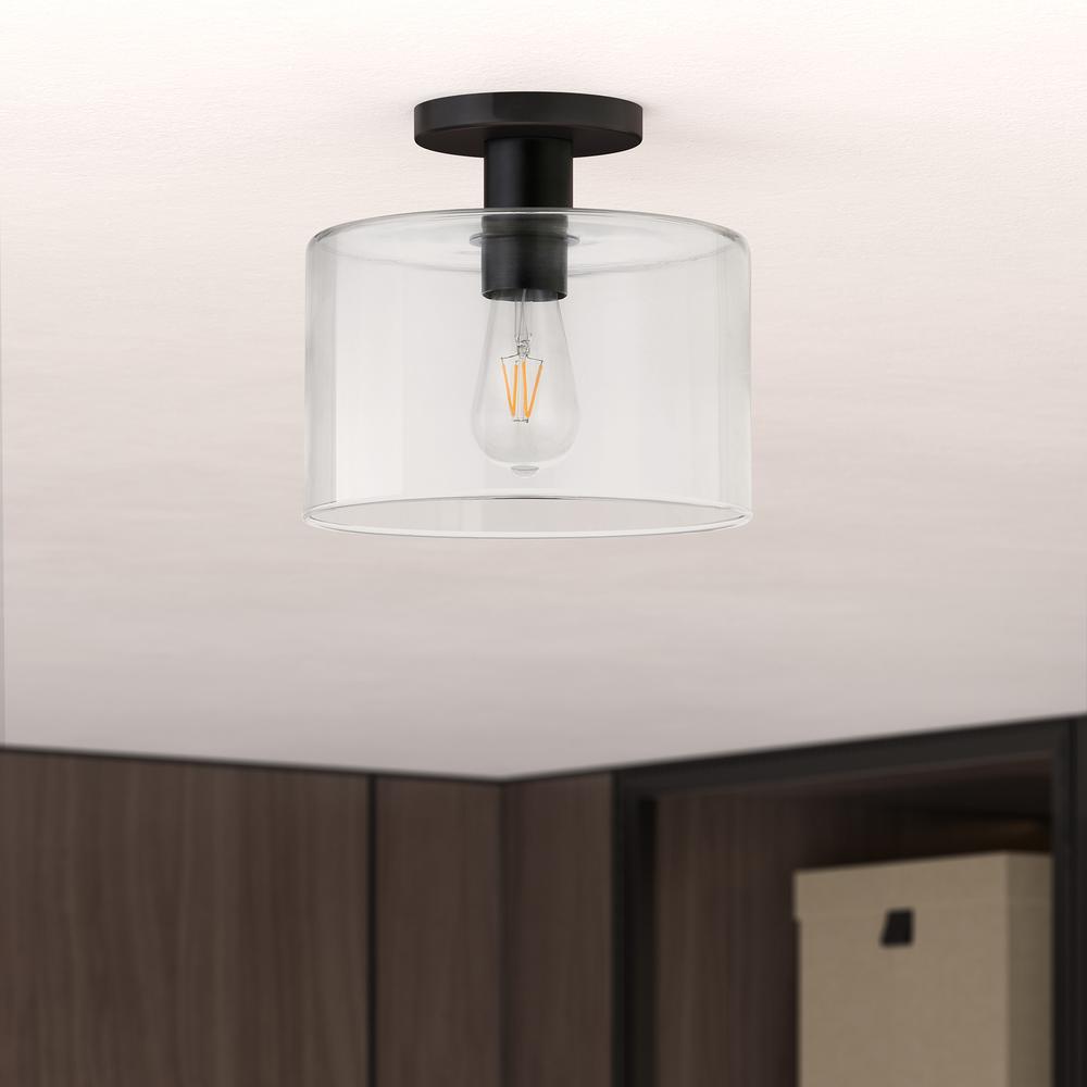 Henri 10" Wide Semi Flush Mount with Glass Shade in Matte Black/Clear. Picture 2