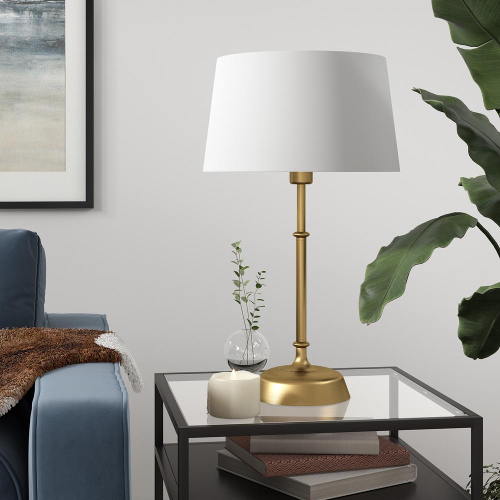 Derek 24.25" Tall Table Lamp with Fabric Shade in Brass/White. Picture 2