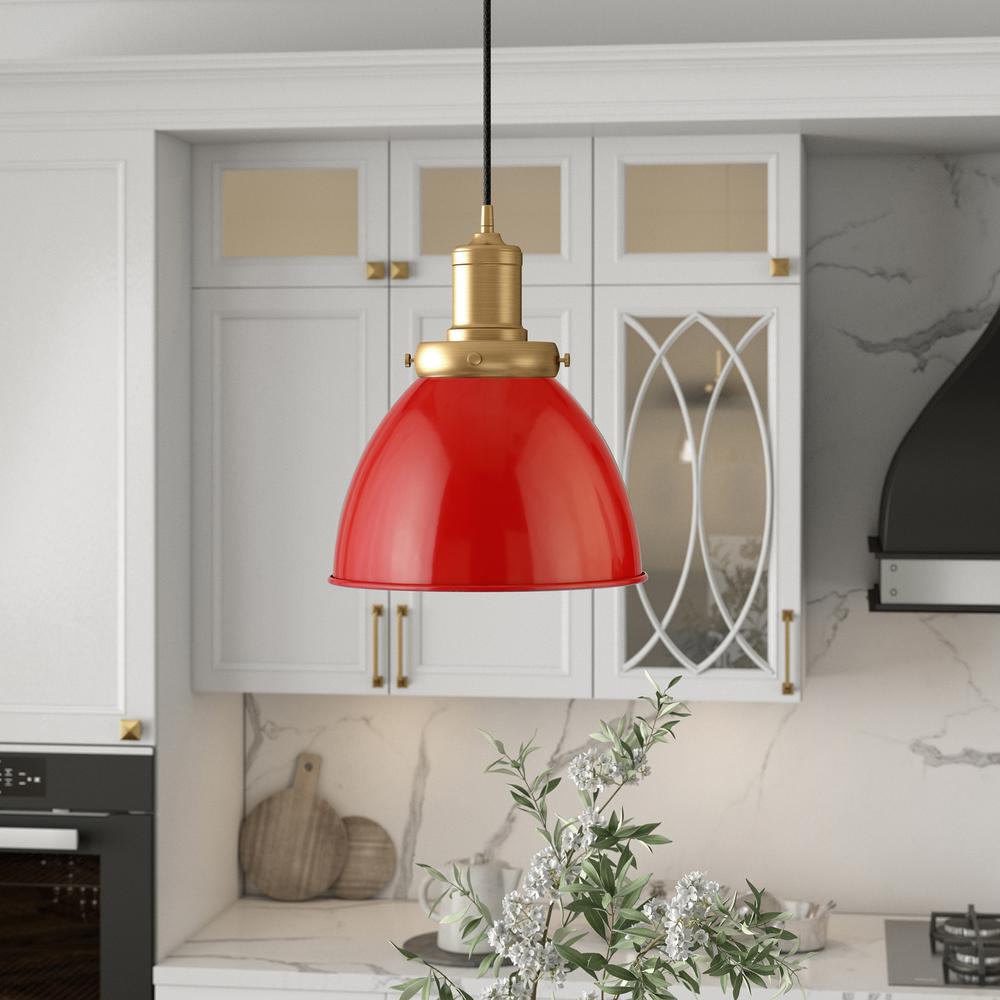 Madison 8" Wide Pendant with Metal Shade in Poppy Red/Brass/Poppy Red. Picture 2