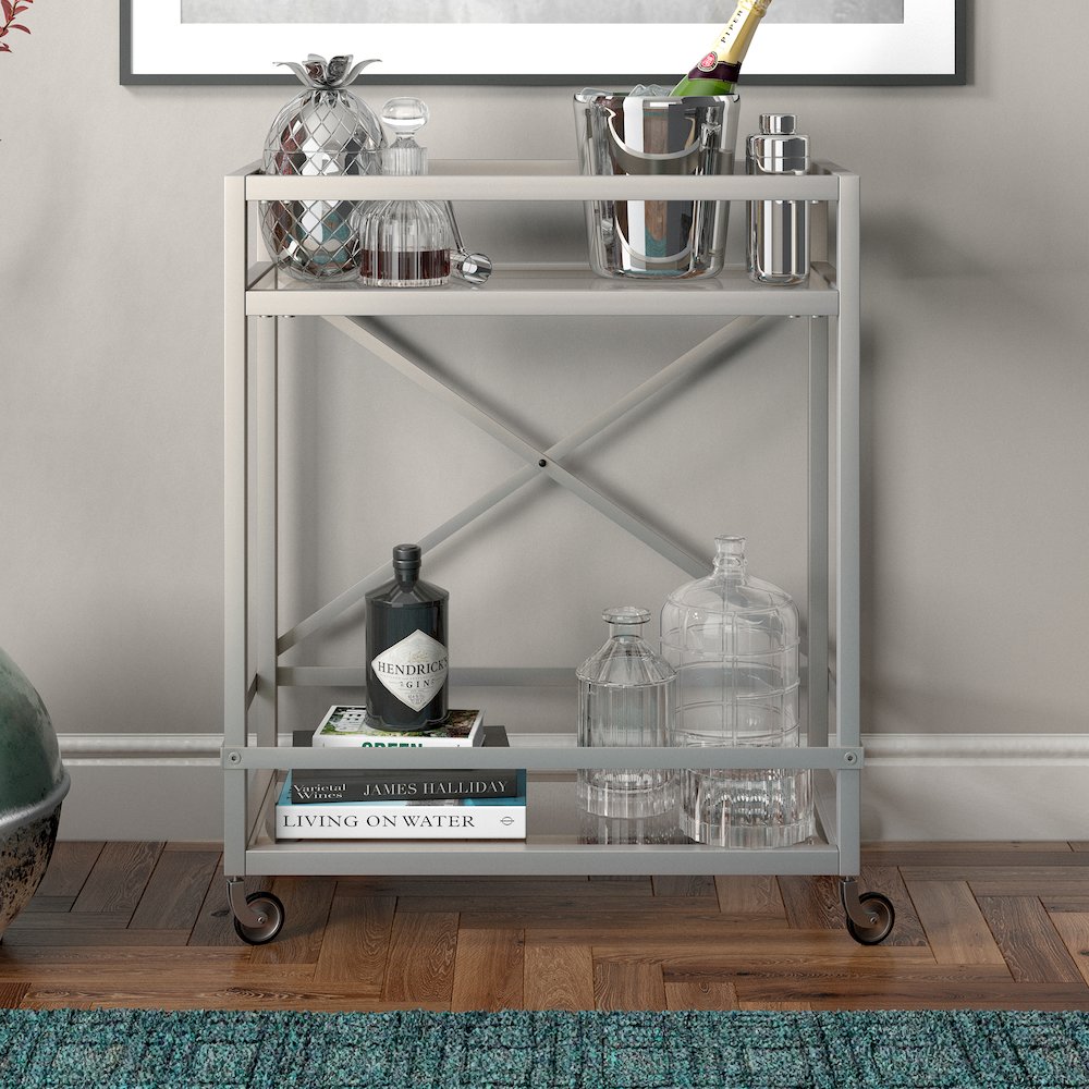 30'' 2-Tier Portable Bar Cart with Glass Shelves and Caster Wheels, Satin Silver. Picture 6