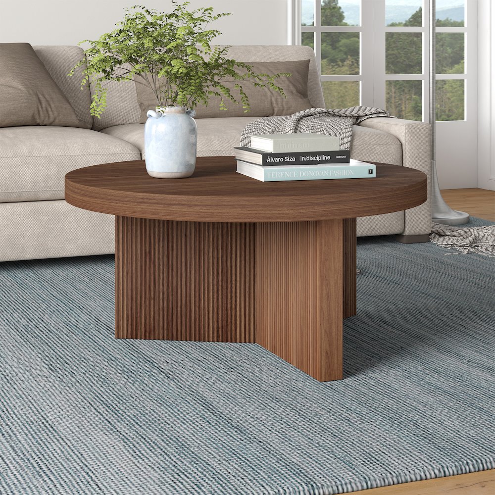 Holm 32" Wide Round Coffee Table in Satin Walnut. Picture 4