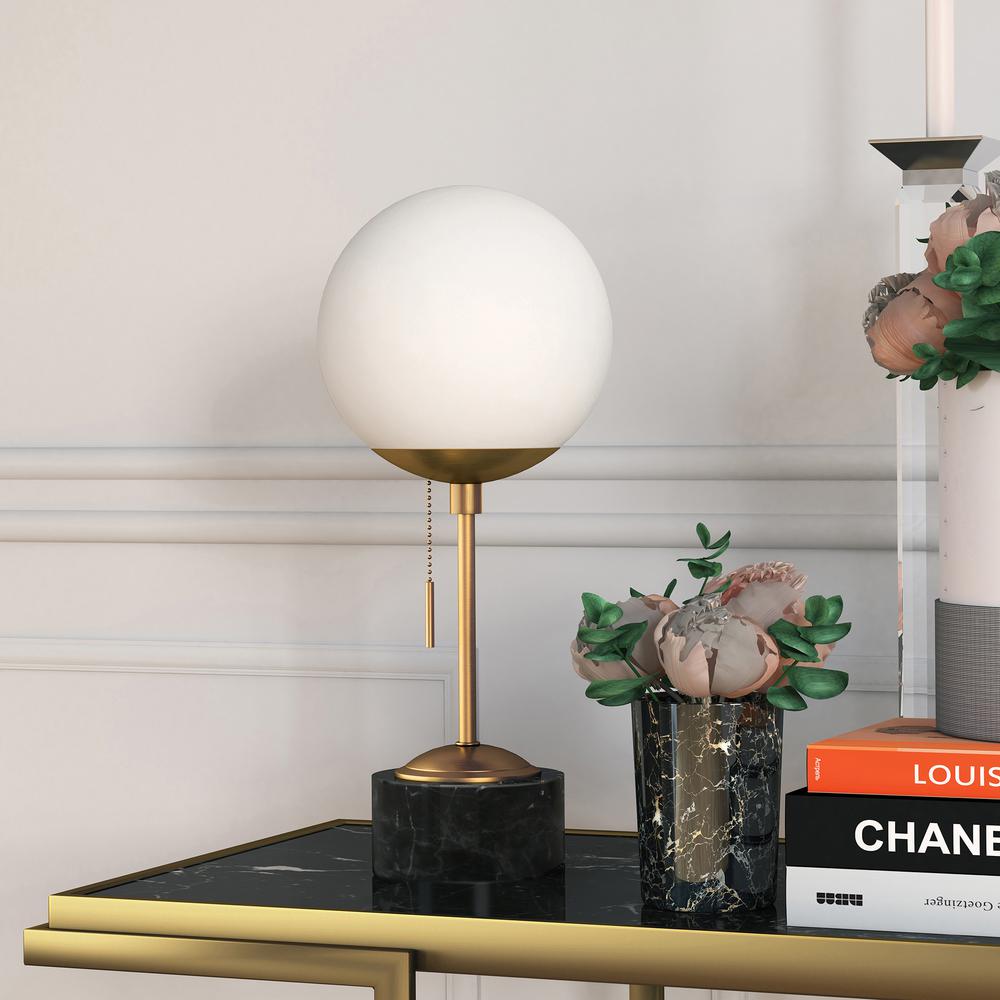 Reagan 17.75" Tall Table Lamp with Glass Shade in Brass/ Black Marble/White Milk. Picture 2