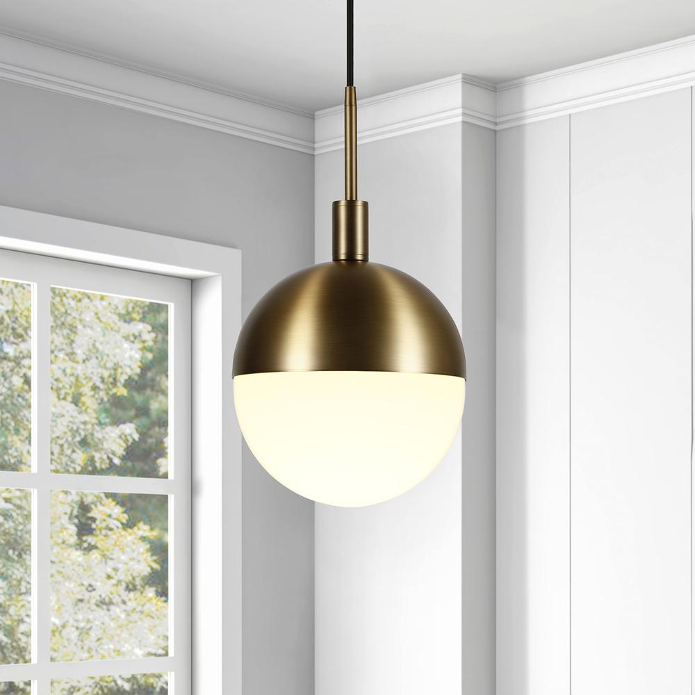 Orb 10" Wide Large Pendant with Glass Shade in Brass/White Milk. Picture 4